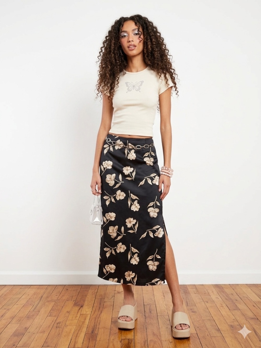 Black Maxi Skirt with Cream Floral Embroidery